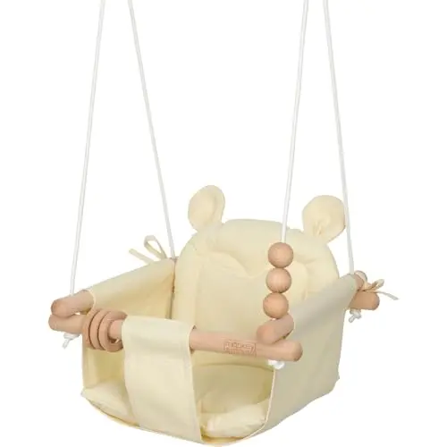 Monkey & Mouse cotton canvas hanging baby swing with a beechwood frame and wooden toys.