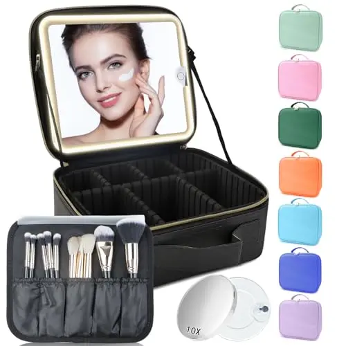 SUILU makeup bag with detachable LED mirror and adjustable dividers