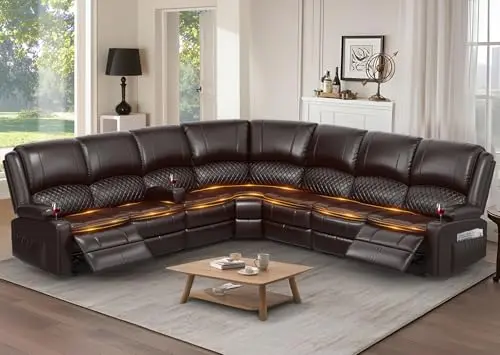 Yolsali brown leather L-shaped sectional sofa with two manual recliners and quilted detailing