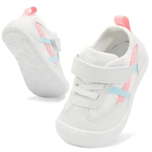 Scurtain white mesh baby sneakers with wide toe box and hook and loop strap