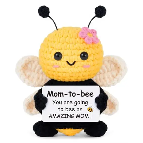 Gleevera handmade crochet bee plush with a 'Mom-to-Bee' tag, a sweet gift for expecting mothers