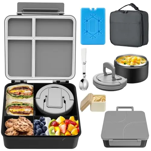 MAXSO Black Bento Lunch Box Set with soup thermo, sauce cup, ice pack, and bag