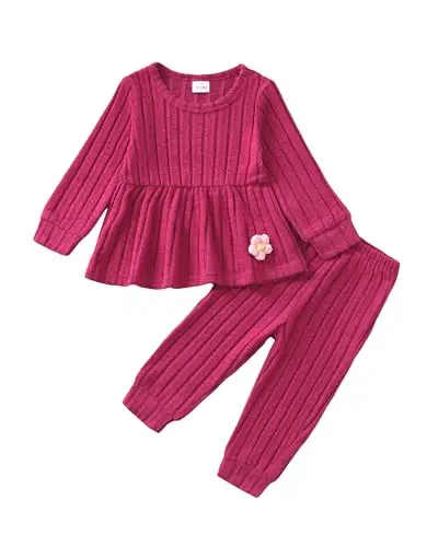 Mioglrie toddler girl ribbed sweatshirt and pants set in rose red