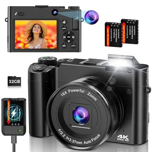 DUOCH 4K digital camera showing both front and rear lenses with pop-up flash