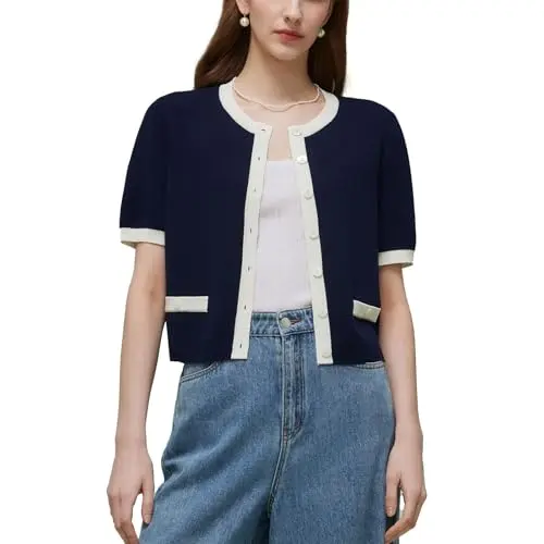 Goelia women's short sleeve cardigan in Lyocell blend, dark navy with contrast trim