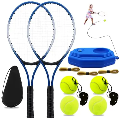 ZHUOKECE set of two blue 21-inch tennis rackets with training balls and a bag