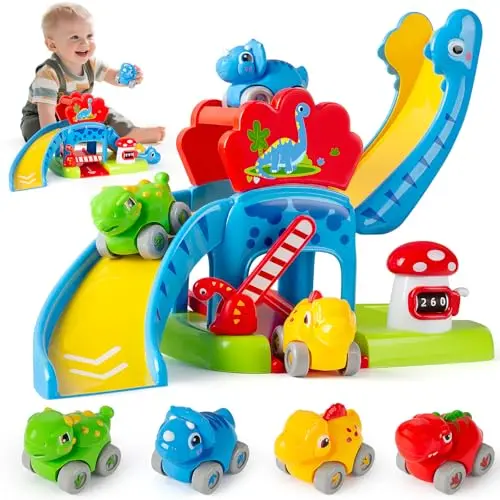 Dinosaur-themed race track toy with ramp and push-powered cars for toddlers