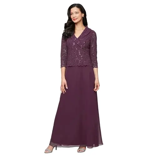 Alex Evenings long mother of the bride dress with 3/4 sleeves and portrait collar v-neckline