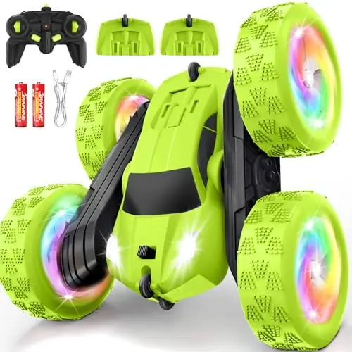Green remote control stunt car with light-up wheels