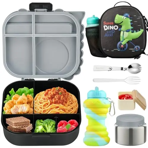 Aimsnk grey dinosaur lunch box with secret compartment and thermos