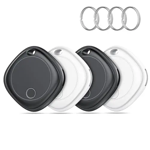 Ajblg Air Tracker tags in black and white, shown with keys and a backpack.