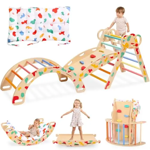 Wingyz rainbow-colored wooden Pikler triangle climber with attached cushion for toddlers