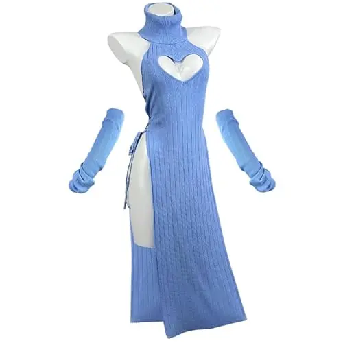 KORURACLUB Sexy Cheongsam Dress in blue, a long dress with a high slit inspired by traditional attire for cosplay