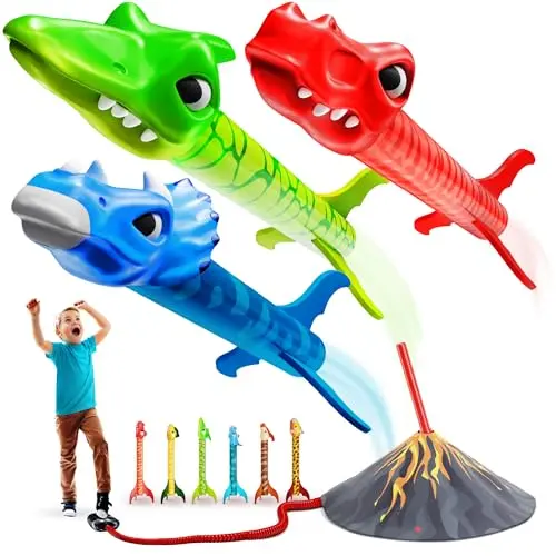 Dinosaur-themed foam rocket launcher with multiple colorful dino rockets