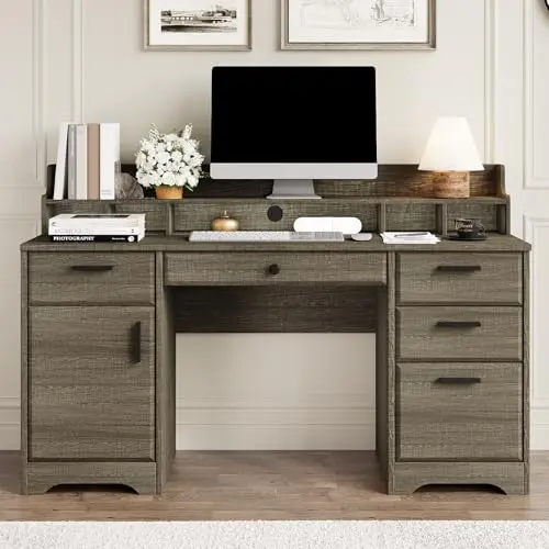 MaverickFurni rustic grey executive desk with hutch and file drawers