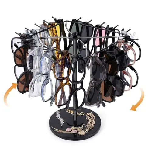 SNOWSTAR 360 rotating sunglass organizer with black metal frame and square design
