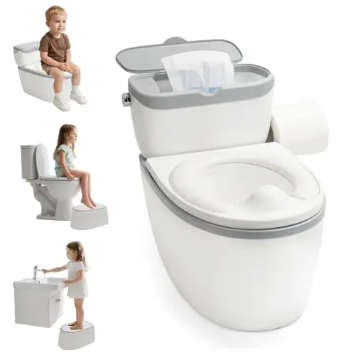 TOSGN 3-in-1 Toddler Potty Training Toilet in white, showing its toilet paper holder and storage tank.