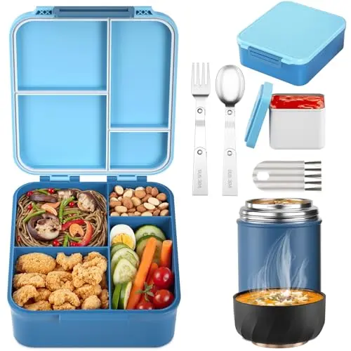 Geltais blue bento lunch box set with soup thermos and utensils