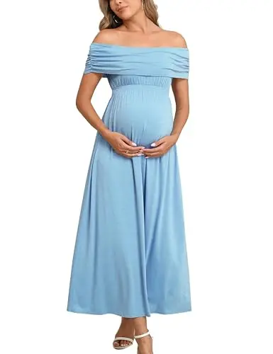 Light blue off the shoulder flowy maternity maxi dress