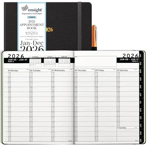 Ensight 2026 black leather hardcover appointment book with tabbed monthly sections