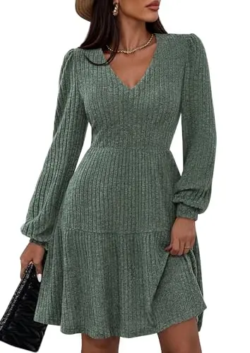 PRETTYGARDEN women's v-neck ribbed fit and flare sweater dress