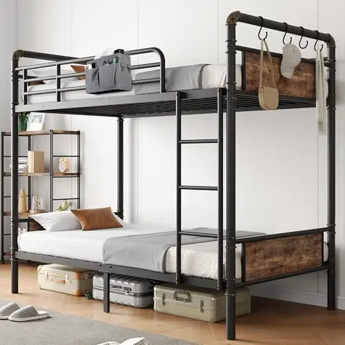 Jocoevol vintage brown metal bunk bed with wood panels, convertible into two separate twin beds.