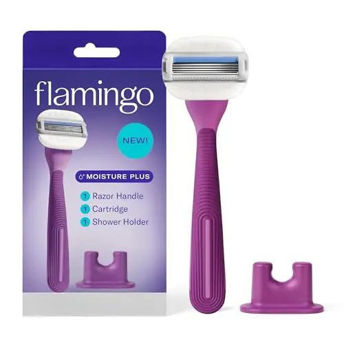 Flamingo Moisture Plus Women's Razor Set with handle, blade refill, and shower holder in fig