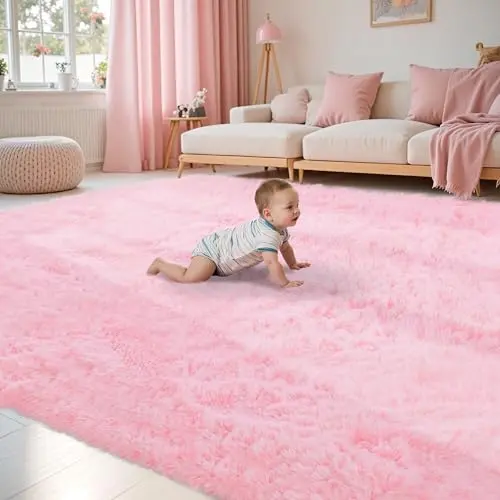 XAFIR solid pink high-pile fluffy shag area rug
