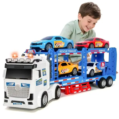 Large yellow semi-truck car carrier toy with an adjustable double-decker trailer