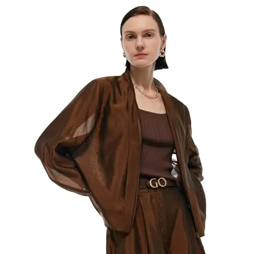 Goelia women's mulberry silk blend zip-up sheer mesh bomber jacket, long sleeve, lightweight