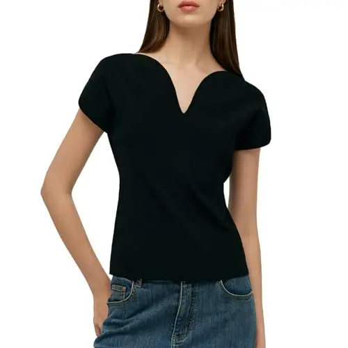 Goelia women's V-neck knit top with petal-shaped cuffs, black color, casual style