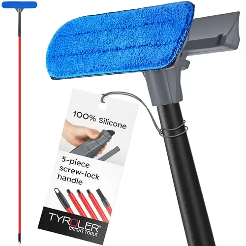 Tyroler professional window squeegee with long stainless steel handle and gray microfiber cloth