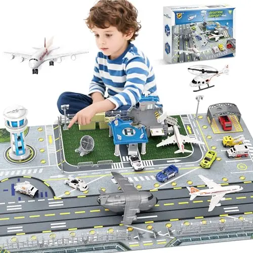 XDUOYJOY airport toy set with planes, vehicles, control tower, and large playmat