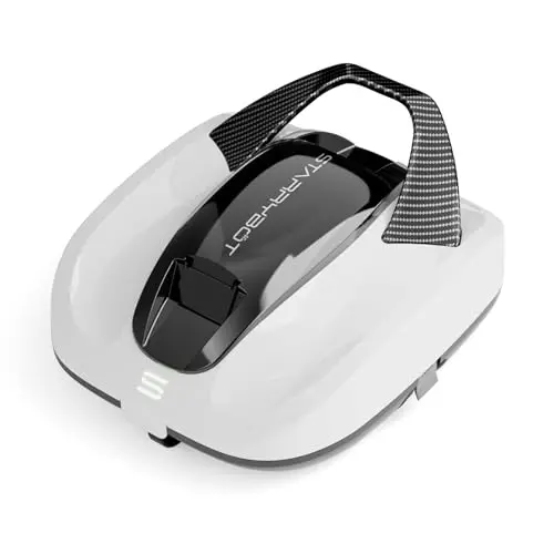 Starrybot white cordless robotic pool cleaner floating in a blue above-ground pool