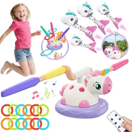 Unicorn-themed 3-in-1 toy with rocket launcher, jump bar, and ring toss
