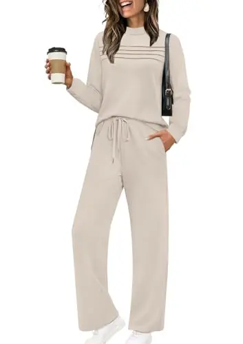 WIHOLL women's fall two-piece set with long sleeve mock neck top and wide leg crop pants in khaki