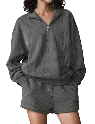 SHESHOW women's fall zip up sweat shorts set in dark grey