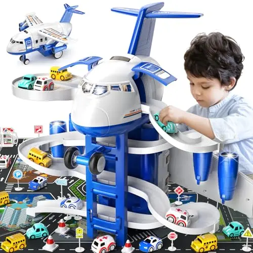DULONIME airplane toy that opens into a multi-level car garage and race track