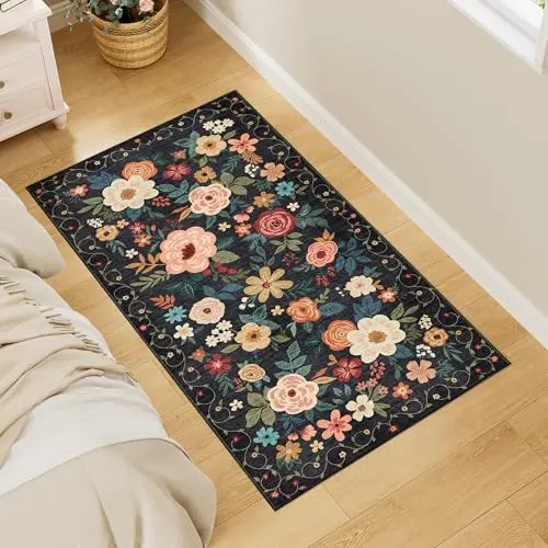 DUKINO black floral boho runner rug for kitchen or laundry