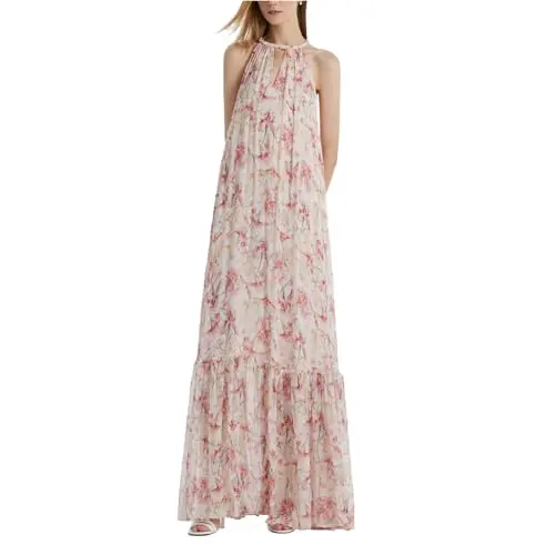 Goelia women's 10 Momme mulberry silk halter ruffle maxi dress with iris print, sleeveless