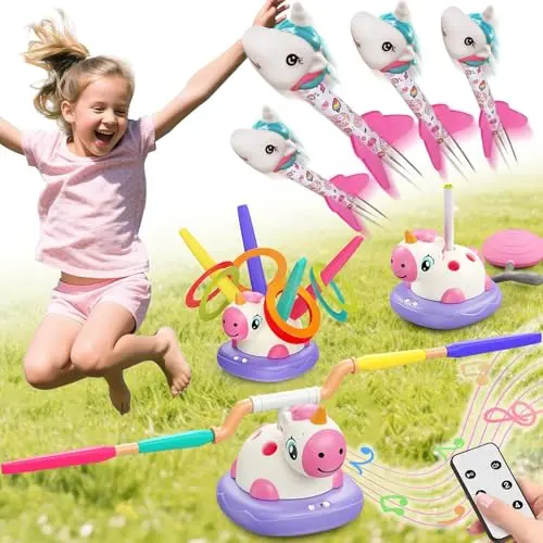 Aliex unicorn-themed 3-in-1 activity set with rocket launcher, ring toss, and jump bar