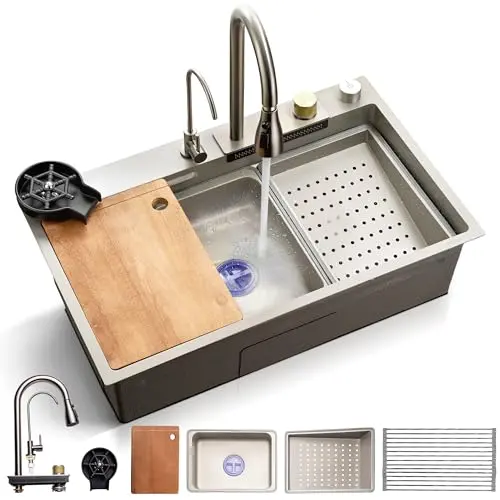 SereneLife stainless steel kitchen sink with faucet and accessories in gray finish