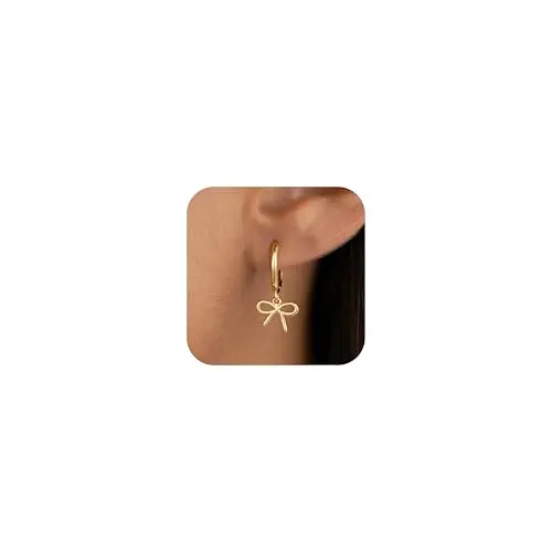 A single pair of JIAOGE gold plated bow-shaped huggie hoop earrings for girls, presented in a gift box.