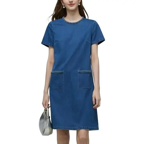 Goelia women's denim mini dress with round neck, stretch fabric, embroidered collar