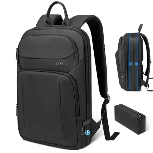 Slim black expandable backpack shown in both compressed daily mode and expanded travel mode