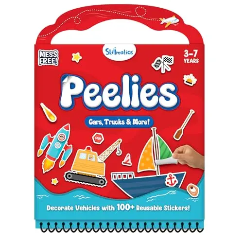 Skillmatics Peelies reusable sticker activity book with vehicle themes