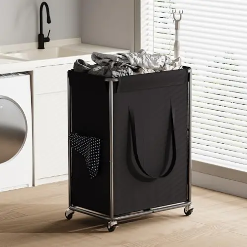 Homeiju large black rolling laundry cart with metal frame and side pocket.
