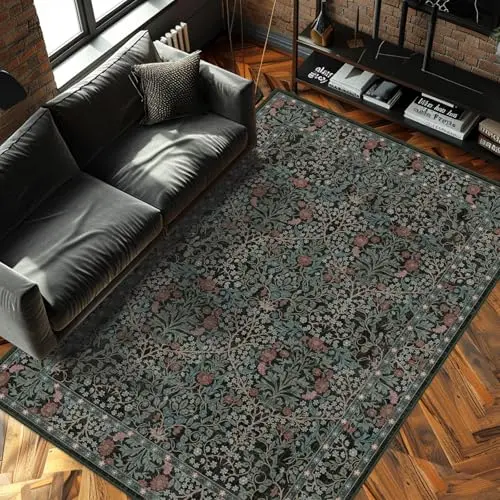 Shinefly dark green floral vintage washable area rug