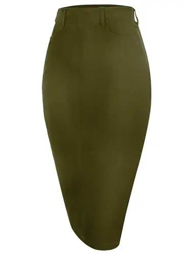 Houmous Women's Cotton Work Pencil Skirt in army green, showcasing mid-calf length and pockets
