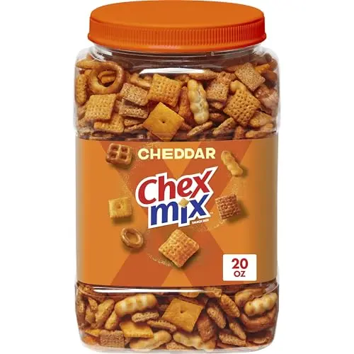 Tub of Chex Mix Cheddar cheese flavored snack mix